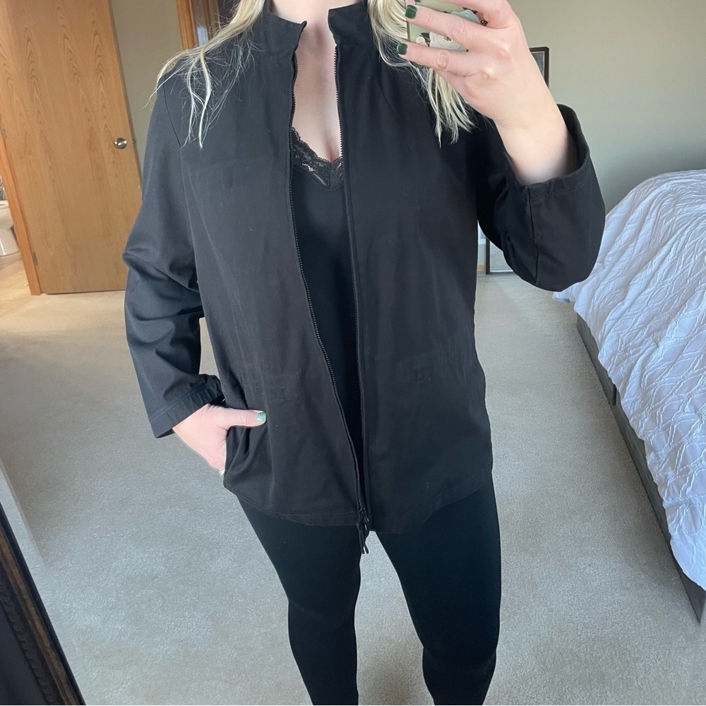 $Eileen Fisher Black Classy Jacket Full Zip Cotton Blend Mandarin Collar in EUC!